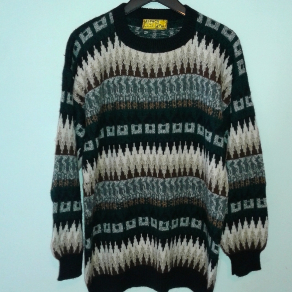 Alpaca Peruvian Yana Aztec Tribal Hand-Crafted Crew-Neck Sweater men's  L